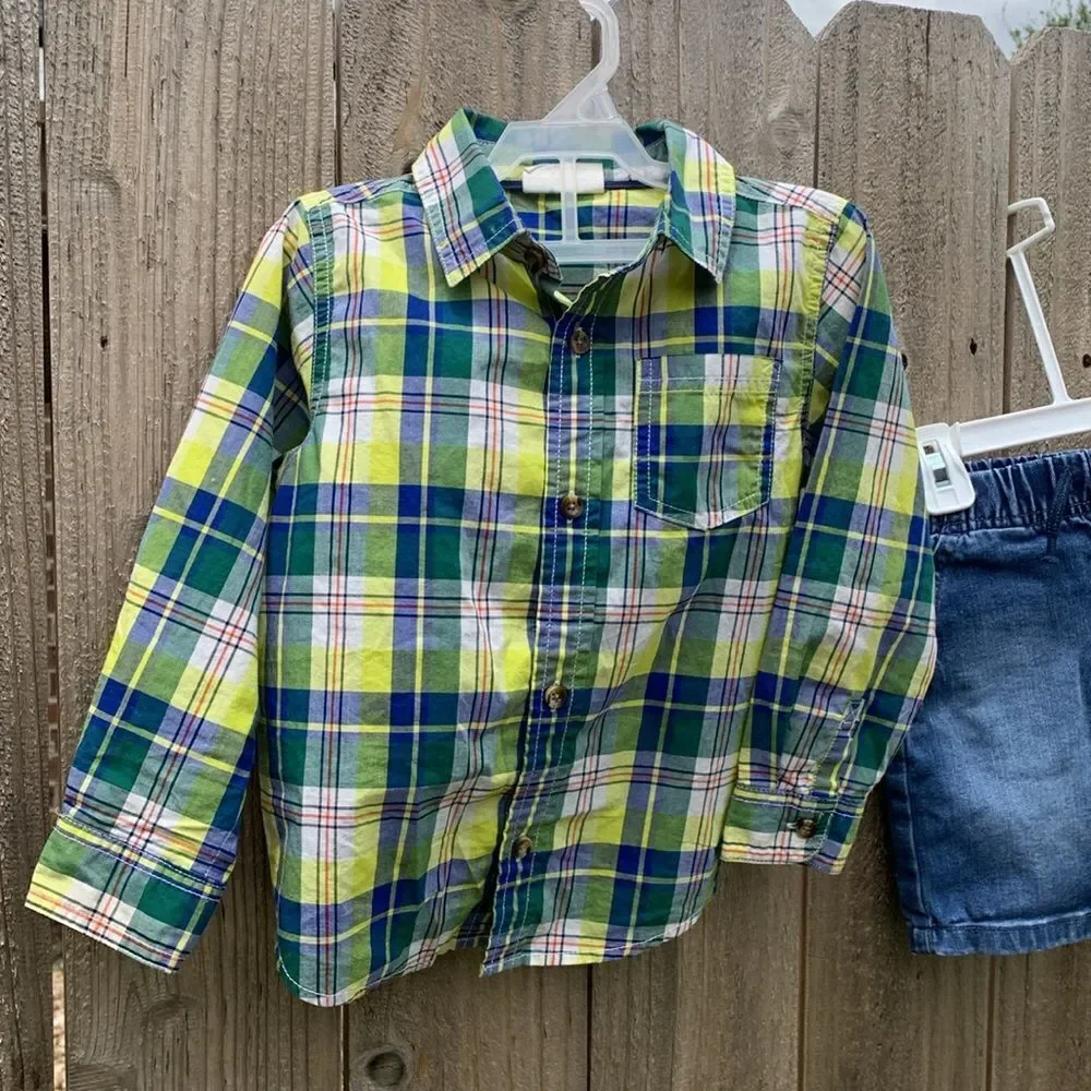Take 50% OFF- Boys 2pcs Plaid Kids Shirt - Blue and Green and Shorts, Size-3T